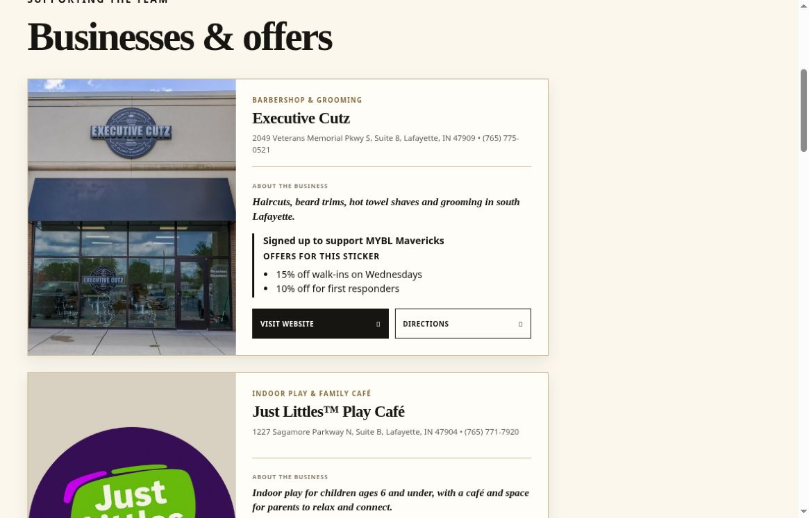 Actual McCutcheon sticker offers page with business details, offer terms, website and directions links
