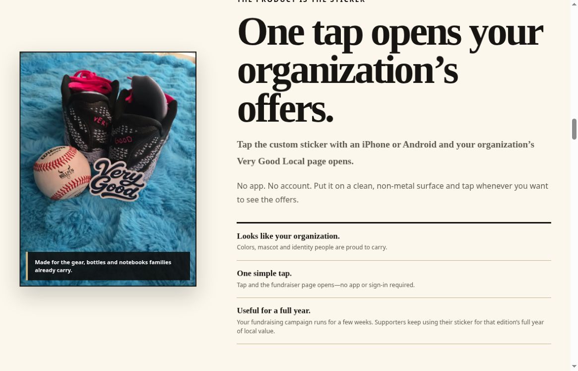Actual Very Good Local product page showing a real sticker beside the explanation of its tap-to-open offer page