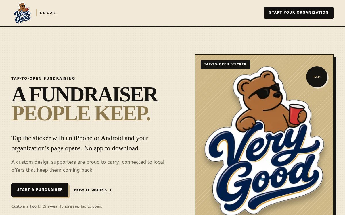 The live Very Good Local mobile fundraising website